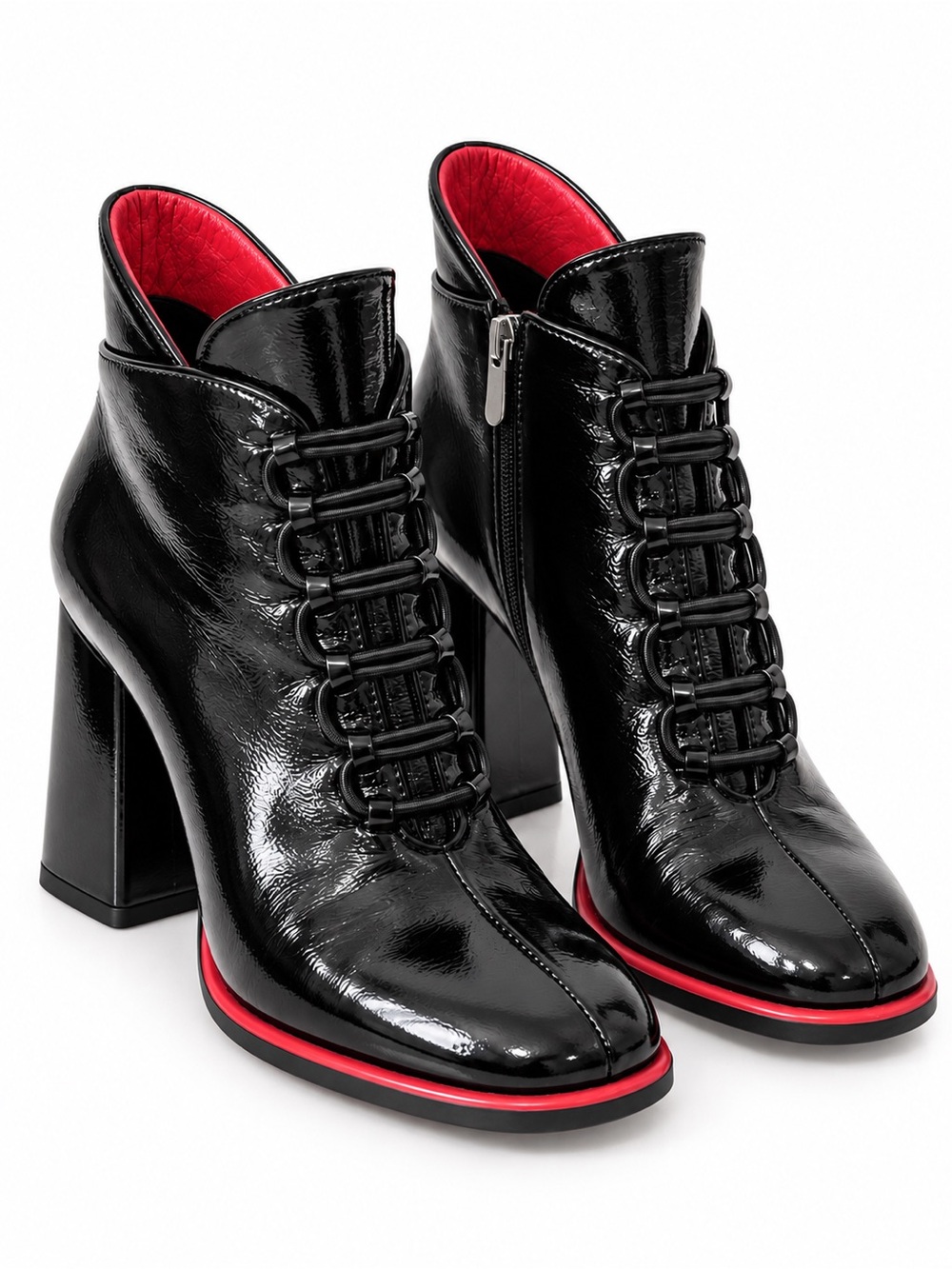 Roberto Piraloff Black Patent Lace Up Ankle Boots Red Trim Size 38